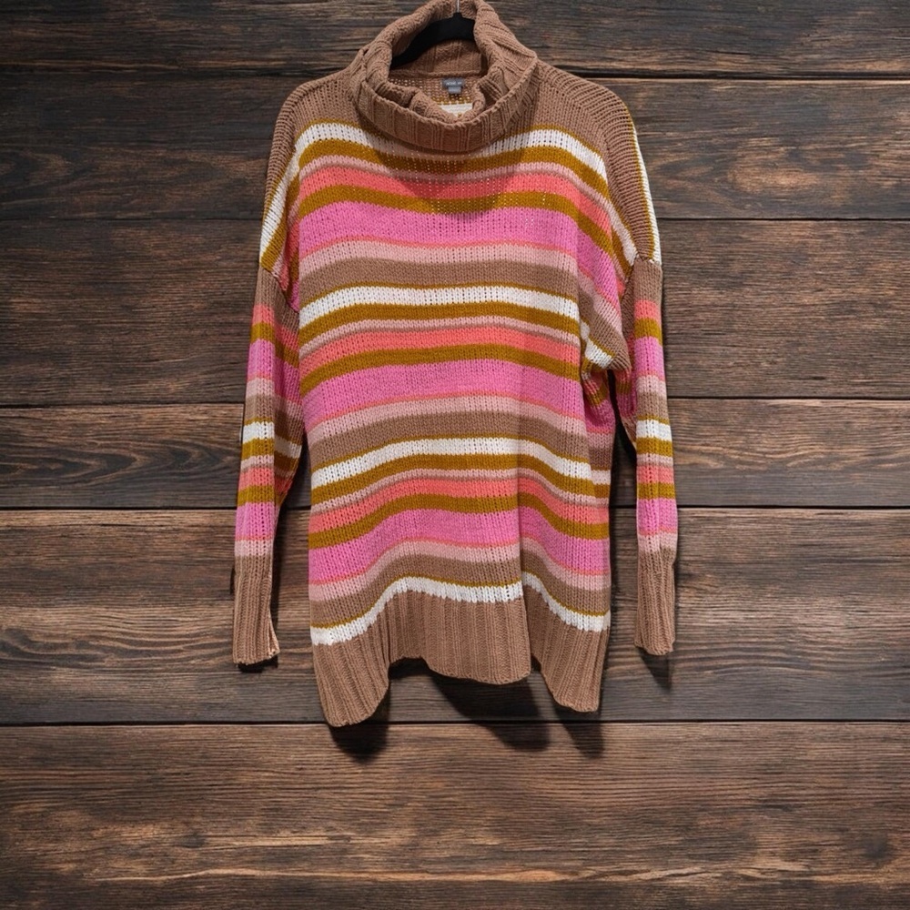 aerie Striped Cowl Neck Sweater in Brown, Pink & White